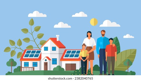 Feliz familia joven en una moderna casa privada con paneles solares en el techo. Energía respetuosa con el medio ambiente. Papá, mamá, hijo e hija juntos. Padres con dos niños y niñas al aire libre