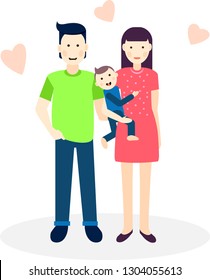 
Happy young family. Mother, father, small child. Woman holds on her hands a toddler. Parents and son. Flat vector. Pink hearts.