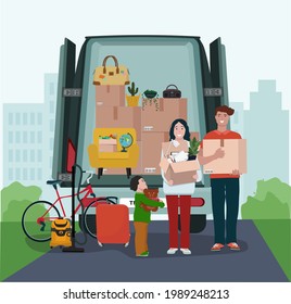 A happy young family moves into a new home. Cartoon vector illustration. The concept of a delivery service.  People put things in the truck.