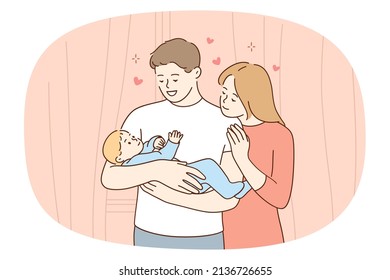 Happy young family with newborn baby in hands enjoy parenthood together. Smiling parents hold infant feel grateful and loving. Pregnancy and ivf treatment. Childbirth. Vector illustration. 