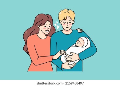 La familia joven feliz con un bebé recién nacido disfruta de la paternidad juntos. Los padres sonrientes sostienen en los brazos a los niños pequeños que muestran amor y cuidado. Ilustración vectorial de la izquierda, caricatura. 