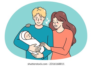 Happy young family with newborn baby enjoy parenthood together. Smiling parents hold in arms infant child show love and care. Fla vector illustration, cartoon character.