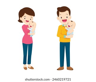 Happy young family with newborn baby enjoy parenthood together. Smiling parents hold in arms infant child show love and care