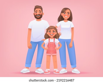 Happy young family on a pink background. Mom dad and daughter pose together in full growth. Vector illustration in cartoon style