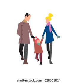 Happy young family on walk vector illustration isolated on white background. People relationship concept in flat design.