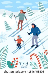 Happy young family on winter vacation. Skiing at the ski resort. Family time together in winter. Skiing in the mountains. New Year holiday. Winter vacation card. Flat Cartoon Vector Illustration
