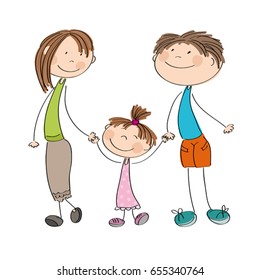 Happy young family - original hand drawn illustration of mum, dad and little girl