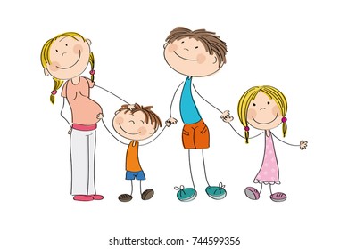 Happy young family - original hand drawn illustration of pregnant mum, dad and their two children (boy and girl)