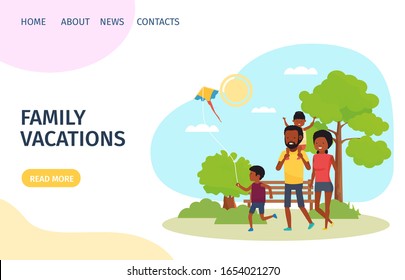 happy young family in the park. Landing page for design. Vector illustration in flat style.