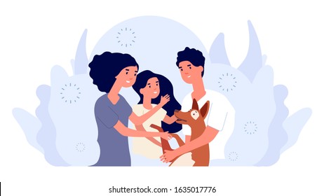 Happy young family. People adopting dog, mother and father, daughter and pet vector illustration