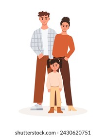 Retrato de familia joven feliz. Papá, mamá e hija juntos. Ilustración vectorial en estilo de dibujos animados.