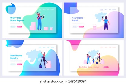 Happy Young Family Renovating Home Website Landing Page. Son Sit on Father Shoulders Help to Paint Wall with Roller, Smiling Mother Standing on Ladder Web Page Banner. Cartoon Flat Vector Illustration