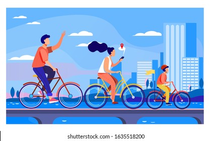 Happy young family riding on bikes at park flat vector illustration. Cycling along road near the water with city on background. Summer activity and healthy lifestyle concept.