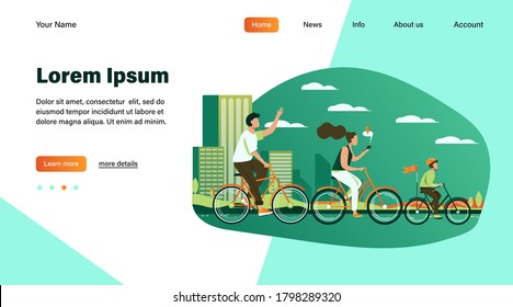 Happy young family riding on bikes at park flat vector illustration. Cycling along road near the water with city on background. Summer activity and healthy lifestyle concept.