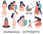 Happy young family set. Pregnancy and maternity  concept illustration. Smiling Parent, Mother hold little baby. Flat cartoon vector illustration.