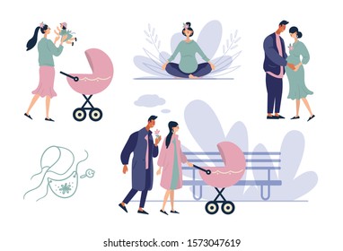 	
Happy young family set. Pregnancy and maternity concept illustration. Smiling Parent, Mother hold little baby. Flat cartoon vector isolated illustration.