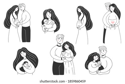 Happy young family set. Smiling Parents, Mother and Father hold little baby. Pregnancy, maternity, motherhood, childcare, mommy and infant, mothers day and parenting vector concept.