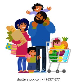 Happy young family shopping.Father, mother and kids with shopping bags and shopping cart. Vector illustration isolated on white background.