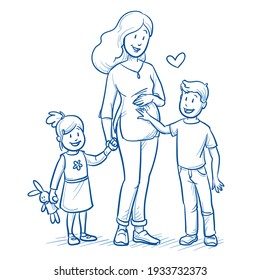 Happy young family or single parent pregnant mother in casual clothes with two young children (appx. 3 and 7 years old). Hand drawn line art cartoon vector illustration.