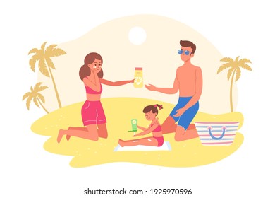 Happy Young Family Sit On The Beach And Put On Sunscreen. Flat Vector Illustration