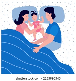 Happy young family sleeping with child in bed. Mother and father hugging their baby. Vector stock illustration