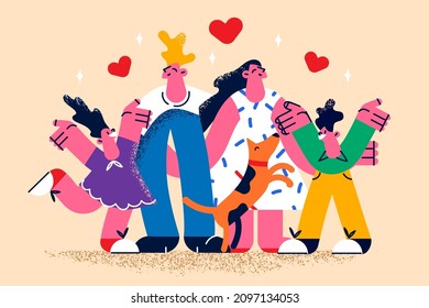 Happy young family with small children and dog feel overjoyed and pleased with life. Smiling parents with little kids and domestic puppy pet show love and care in relations. Vector illustration. 