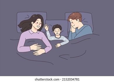 Happy young family with small kid sleep together in bed at home. Smiling parents relax take nap with little child. Childcare and parenthood concept. Flat vector illustration. 