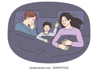 Happy young family with small kid sleep together in bed at home. Smiling parents relax take nap with little child. Childcare and parenthood concept. Flat vector illustration.