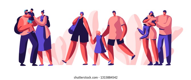 Happy Young Family Spend Joyful Time Together Set. Smiling Parent Character Hold Little Son and Daughter. Man and Woman Cuddling Children Collection of Flat Cartoon Vector Illustration