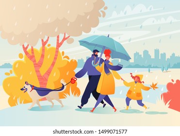 Happy young family spend joyful time together. Parent character walk in rainy weather in autumn park. Father leads a dog on a leash, mom holds hand of a daughter, she carefree jumps through puddles. 