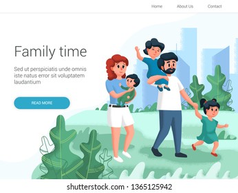 Happy young family spending time together outside in green nature. Walking in the park. Cartoon Vector illustration. Family day, celebration. Family time weekend 