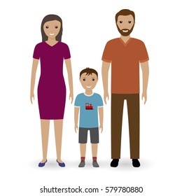 Happy young family standing together. Father and mother with child boy isolated on a white background. Flat vector illustration.
