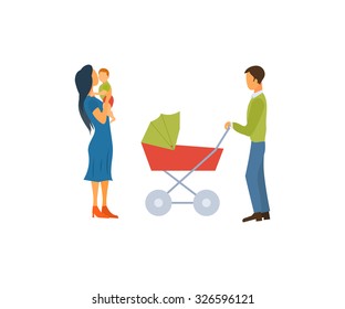 Happy young family with a stroller and a baby, walk concept vector illustration of a flat