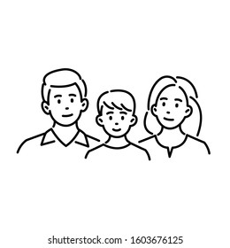 Happy young family of three. Flat illustration of smiling dad, mom and son. Hand drawn cartoon character vector design isolated on white background.