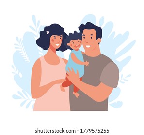 Happy young family with toddler. Mom and Dad are hugging and taking care of the baby. Flat vector illustration isolated on white background