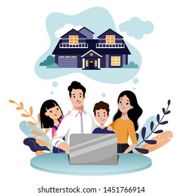 Happy young family with two kids looking for new home to buy or rent. Realty loan and mortgage, vector flat cartoon illustration. Online property search and real estate sale.
