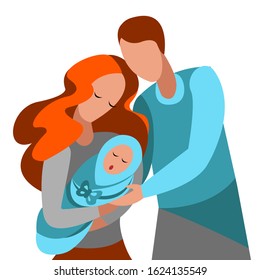 Happy young family. Vector illustration of a flat design. Dad and mom and baby are standing together.