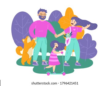 Happy young family walk together in the park, modern flat vector illustration. Mom, dad, children, and pet. Smiling cartoon characters gathering in group. Girl on a scooter. Isolated on white.