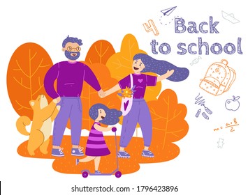 Happy young family walk together to school, modern flat cartoon  vector illustration. Mom, dad, children, and pet. Back to school, blackboard, chalk drawings. Girl on a scooter. Isolated on white.