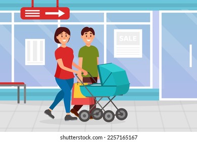 Happy young family walking with baby stroller in shopping mall. Woman pushing baby stroller, man carrying shopping bags cartoon