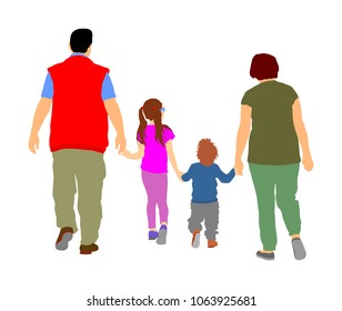 happy young family walking and holding hands vector illustration isolated on white background. Fathers day, family day, mothers day. Parents with kids. Little boy and girl in happy family. Closeness.