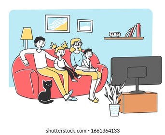 Happy young family watching TV at sofa flat vector illustration. Mother, father, and kids relaxing at home together. Cartoon people in living room watching movie. Entertainment and lifestyle concept.