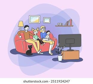 Happy young family watching TV at sofa flat vector illustration. Mother, father, and kids relaxing at home together. Cartoon people in living room watching movie. Entertainment and lifestyle concept.