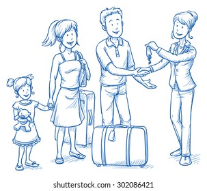 Happy young family at a welcome scene in hotel, receiving their room keys, their luggage standing nearby. Hand drawn cartoon doodle vector illustration.