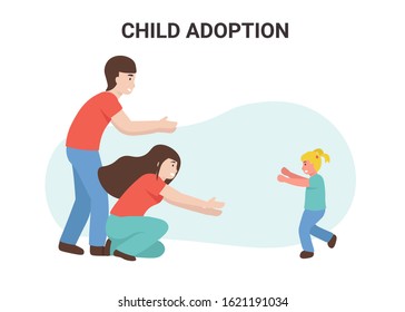 Happy young family wife and husband adopted a child. Flat vector cartoon illustration.