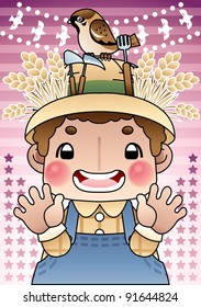 Happy Young Farmer and Cute Bird