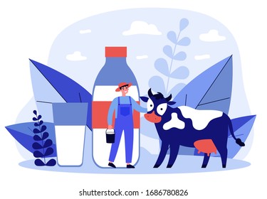 Happy young farmer standing near cow flat vector illustration. Man holding bucket with milk. Fresh milk with calcium and casein. Huge bottle and glass. Lactose diet and health concept.