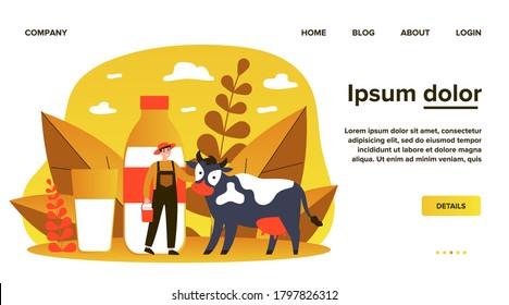 Happy young farmer standing near cow flat vector illustration. Man holding bucket with milk. Fresh milk with calcium and casein. Huge bottle and glass. Lactose diet and health concept.