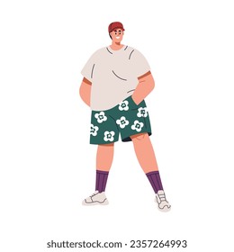 Happy young fat man with chunky plus-size body. Chubby stout guy in loose casual clothes, summer shorts, cap, sneakers. Smiling plump person. Flat vector illustration isolated on white background