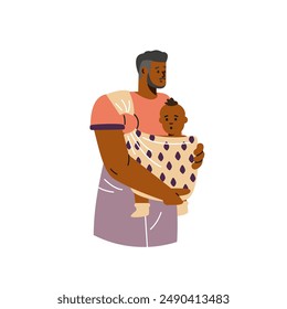 Happy young father carrying baby in sling. Cartoon African man parent walking with infant, toddler in baby carrier wrap. Vector flat family illustration isolated on white